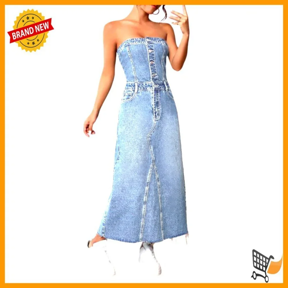 Strapless Denim Midi Dress, Slim Fit, Button Closure, Backless